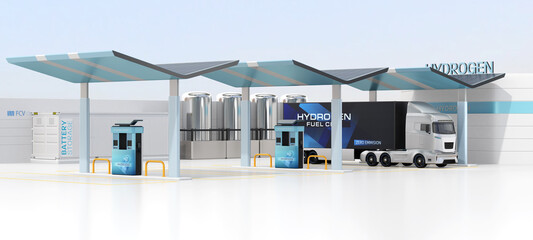 FCV truck refueling in Hydrogen Station. The station equipped with solar panels and Container Battery Storage system. 3D rendering image.