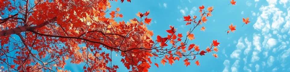 Red leaves and blue sky: A maple forest sways in the autumn wind, the leaves show bright red, and the sky is as blue as a wash. Descriptors: red leaves, blue sky, autumn wind. . Natural seasonal chang