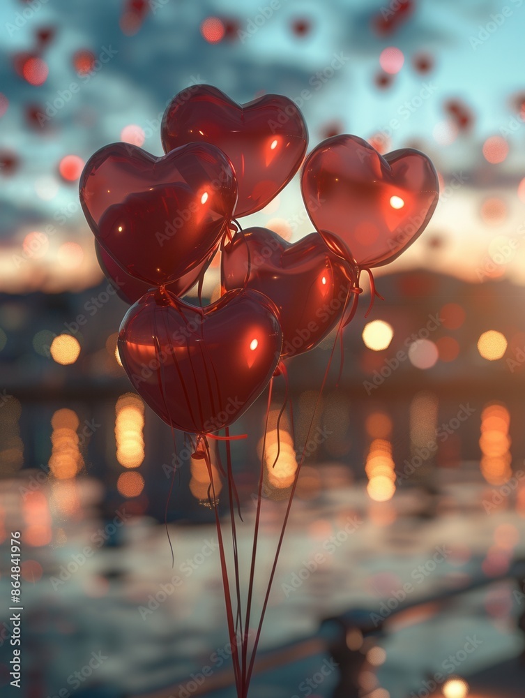 Aufkleber a cluster of red heart-shaped balloons against a backdrop of city lights at dusk, creating a romanti