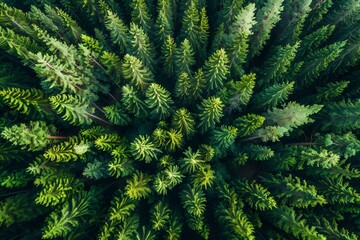 Aerial view of a pine forest in summer, with dense trees arranged in an intricate pattern resembling a mandala. The photo captures the beauty and complexity from above, showcasing lush greenery agains