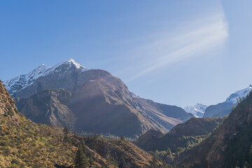 Beautiful cloudy blue sky landscape of Transhimalaya. A stunning mountainscape of Nepal