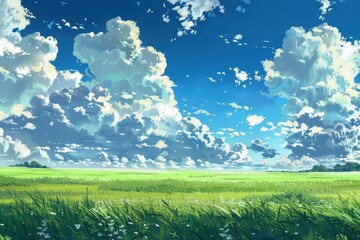 Beautiful, Lush Green Field and Blue Sky With White Clouds, Perfect for Desktop Background or Wallpaper.