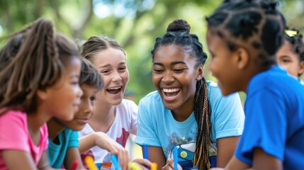 Laughing kids playing with female counselor at summer camp AIG535