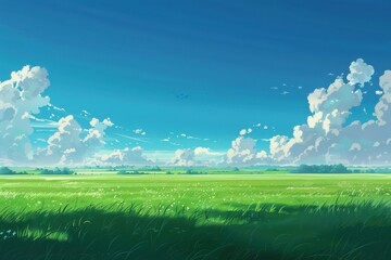 Obraz premium Beautiful digital painting of a lush green field with fluffy white clouds in a blue sky. Summer landscape background with grass and sky.