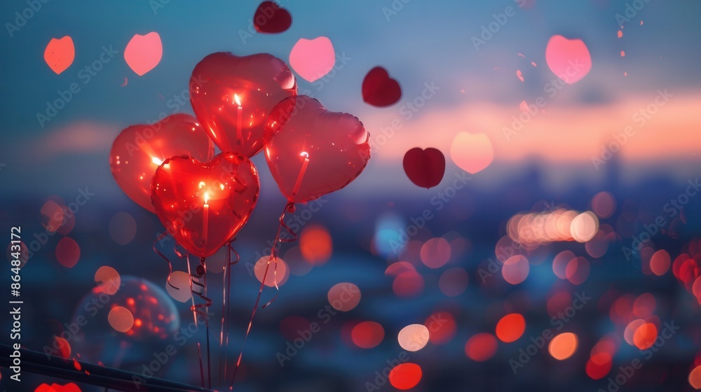 Aufkleber A romantic evening with red heart-shaped balloons floating in the air, set against a blurred cityscape backdrop. Perfect for creating a beautiful and intimate atmosphere. Generative AI