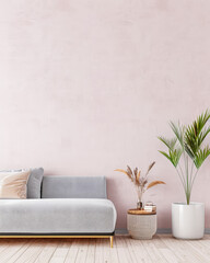 Minimalist interiors decor composition in soft pink tones with ample copy space and minimal furniture. Interiors design concept image for luxury property advertising.