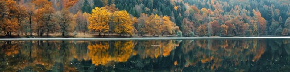 Obraz premium Reflection on the lake surface: The calm lake surface reflects an autumn scenery. The lake water is crystal clear and the reflection is clearly visible. Natural seasonal changes, generated by AI, high