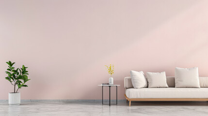 Minimalist interiors decor composition in soft pink tones with ample copy space and minimal furniture. Interiors design concept image for luxury property advertising.