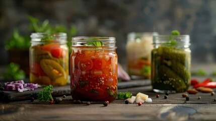 A vibrant display of assorted pickled vegetables in glass jars, showcasing homemade preservation with an artistic touch.