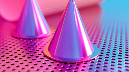 Two metallic purple cones on a reflective metal dotted surface. A modern and stylish abstract design.