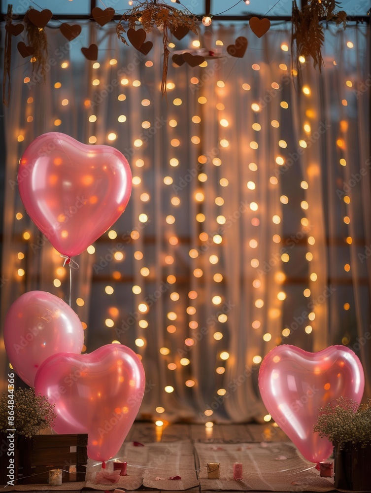 Poster a warm, romantic setting with heart-shaped balloons and twinkling lights. perfect for an intimate di