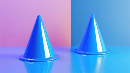 Fototapeta premium Pair of blue conical shapes on a light dual tone blue and pink surface, with reflective finishes. Suitable for use in modern graphic designs, branding, or abstract visual compositions.