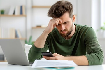 Stressed young man checking smartphone while working from home with laptop and documents