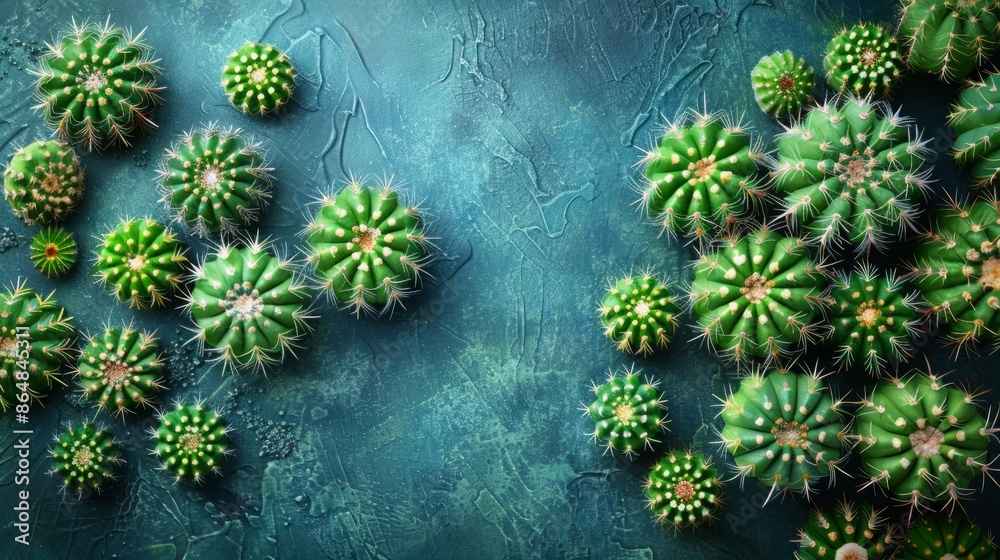 Poster A flat lay image featuring various types of cacti arranged on a textured blue background.