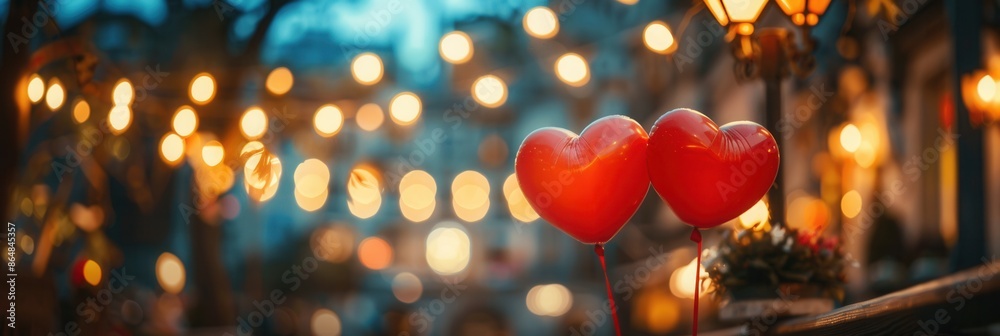 Poster A blurry background of twinkling lights and a close-up of two heart-shaped balloons floating in the evening air. Generative AI