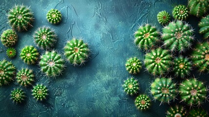 A flat lay image featuring various types of cacti arranged on a textured blue background.