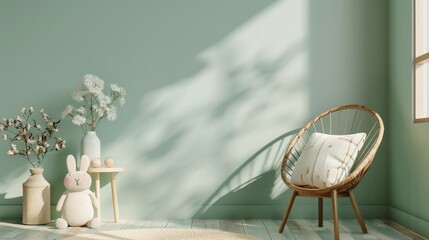 Scandinavian Boho Inspired Kids Room with Plush Bunny Decor, Sage Green Wall Mockup 