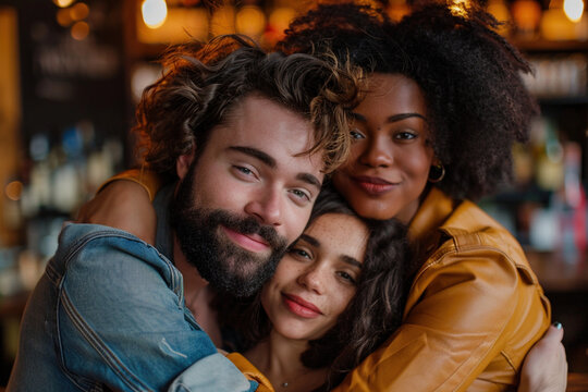 Three friends people lovers embracing and smiling together indoors. Friendship, happiness togetherness. Ethical non-monogamy polyamory relationship concept