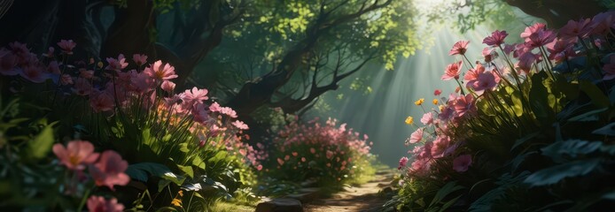 Sunbeams Through Pink Flowers in a Lush Forest