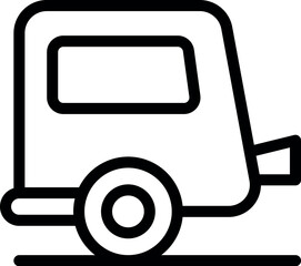 Black and white icon of a small camping trailer for outdoor adventures, emphasizing the concept of mobile living