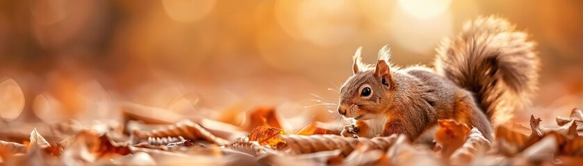 Obraz premium Adorable squirrel in an autumn forest with fallen leaves and warm sunlight, creating an enchanting natural setting.
