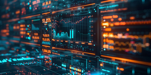 Obraz premium Financial Statistics and numbers on a display being reviewed by AI
