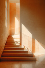 Obraz premium Sunlit Interior Staircase with Modern Architecture and Warm Toned Walls