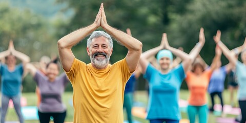Obraz premium A cheerful group of diverse people practicing yoga outdoors, led by a smiling man in a yellow shirt, with hands raised in a prayer pose.