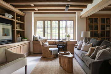 Fototapeta premium Cozy Rustic Home Office with Wooden Furniture and Natural Light