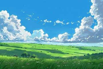 Obraz premium Wide shot of a green grass field with white fluffy clouds in a bright blue sky. Peaceful, idyllic, tranquil scenery with grass and wildflowers.
