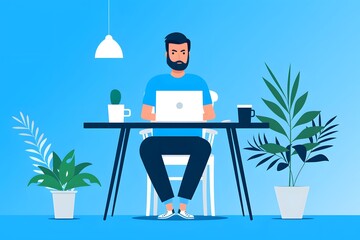 Fototapeta premium Focused man working on his laptop at a desk surrounded by plants in a modern, minimalist workspace.