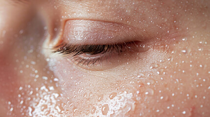 Fototapeta premium Close-up of a woman’s closed eye covered in water droplets, highlighting detailed skin texture.