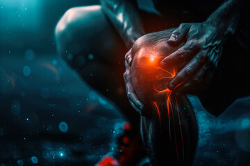 A knee bone is depicted with a bright red area indicating pain. Physical pain and injury in the knee. Generative AI.