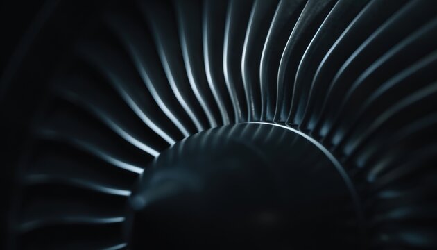 Close-up of a jet engine turbine with intricate metallic blades, showcasing industrial machinery and aviation technology.