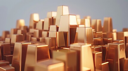 Fototapeta premium Abstract golden cityscape with cubic structures in soft light. Metallic urban skyline design with geometric shapes. Futuristic architecture.