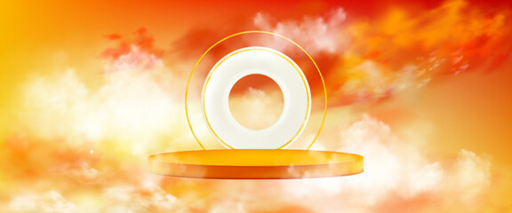Fototapeta premium Orange sky cloud 3d product display podium scene. Abstract dreamy stage render mockup for presentation with circle arch illustration. Realistic sunset cloudy design for showcase banner with pedestal