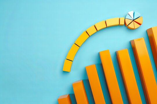 Colorful bar graph and pie chart on a blue background, representing financial growth, business data analysis, and statistical information.