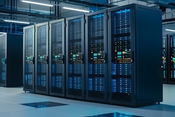 Spacious, cutting-edge data center with server racks illuminated by blue LED lights.