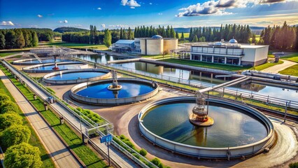 Modern industrial water treatment plant complex with state-of-art equipment nestled behind large sedimentation tanks in a serene natural setting.