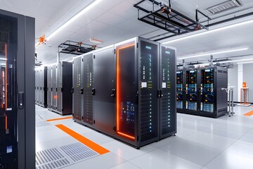 Modern data center with high-tech server racks and advanced cooling systems, showcasing a state-of-the-art IT infrastructure.
