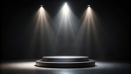Elegant dark stage featuring a sleek 3D pedestal with spotlight shining down on a blank product display space.