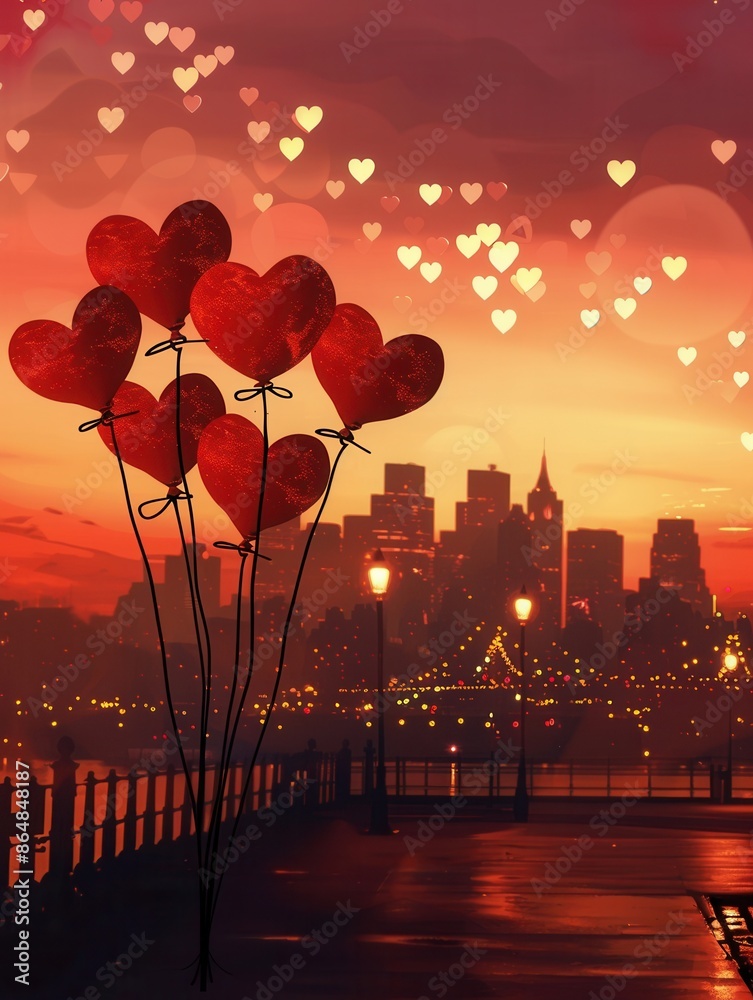 Poster romantic image of red heart balloons floating against a sunset cityscape. generative ai