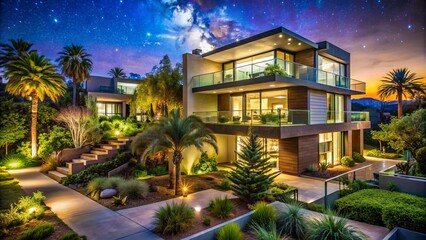 Obraz premium Vibrant modern architecture in San Diego's evening ambiance, surrounded by lush greenery, glowing lights, and a serene starry night sky.