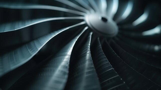 Close-up of an industrial turbine or fan with metallic blades, showcasing the intricate design and engineering details.