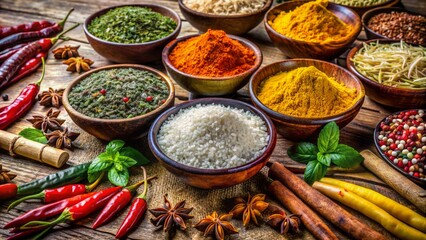 Fototapeta premium Vibrant colors of authentic Indian spices, basmati rice, and exotic herbs laid out on a traditional wooden table setting.