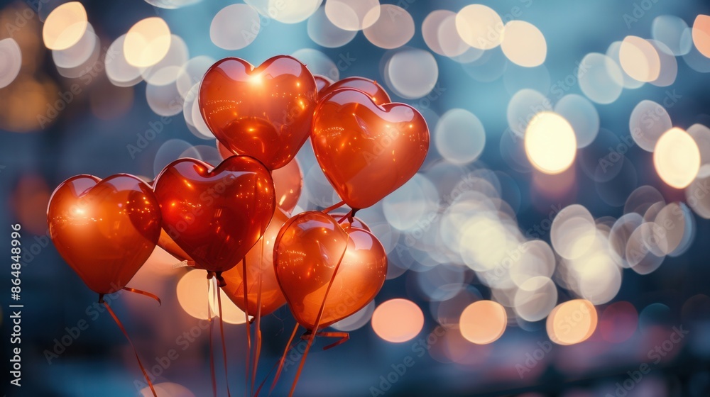 Poster a cluster of heart-shaped balloons, glowing softly against a backdrop of twinkling city lights. gene
