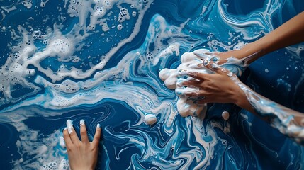 Fototapeta premium Artists hands pouring white paint on blue swirl acrylic pour art : Generative AI