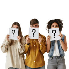 Three people holding white cards with question marks isolated on a transparent background