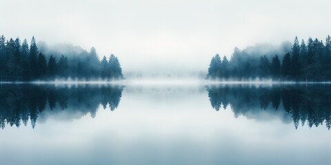 Fototapeta premium A serene, foggy lake with a mirror-like reflection of evergreen trees and misty atmosphere, creating a tranquil and peaceful nature scene.