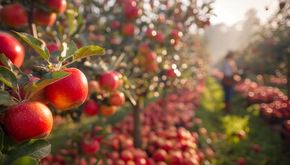 Ripe red apples on a tree with blurred background of person in an orchard